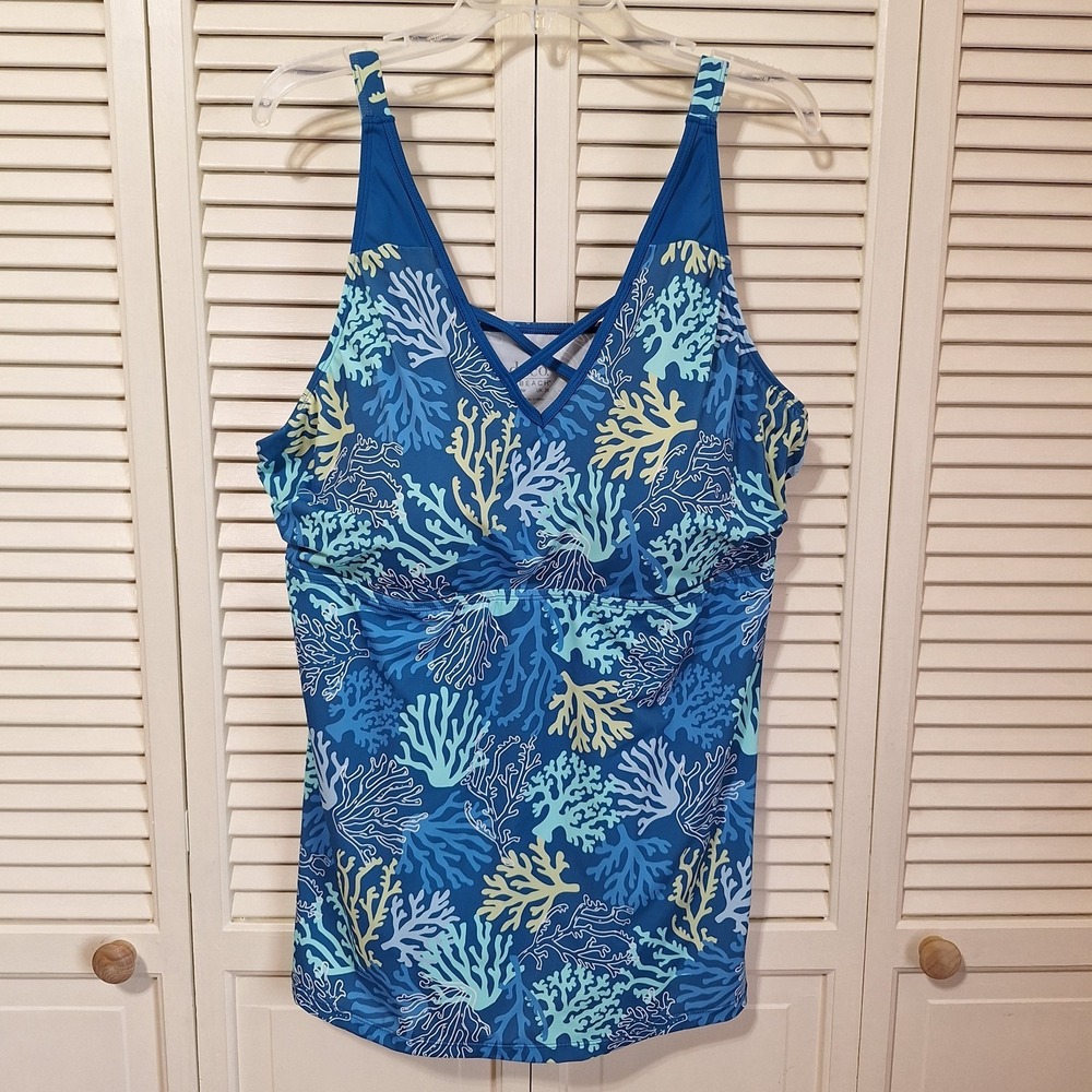 Denim & Co Beach 24W Criss Cross Front Tankini Top Padded Bust Sea Coral Ruched